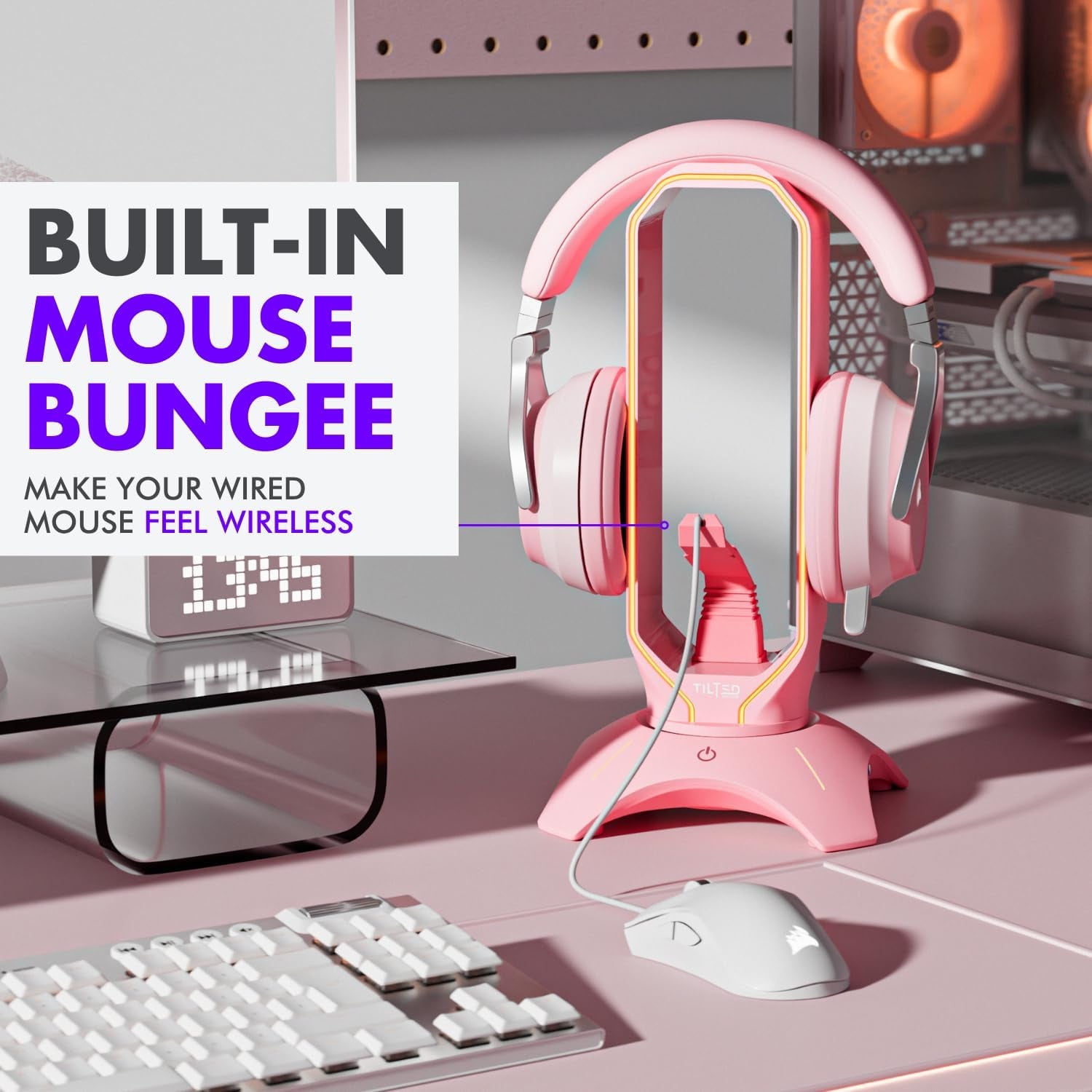 Cute Headphone Stand Pink | Headset Stand with RGB, Mouse Bungee Holder, and 2 Port USB Hub Charger - Desk Gaming Accessories