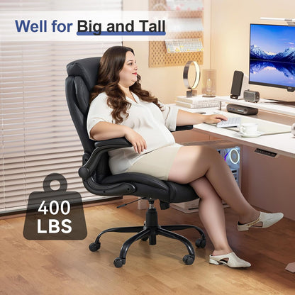 Big and Tall Office Chairs 400LBS Heavy Duty High Back Leather | Comfortable Desk Chair with Flip-Up Arms, Swivel Rolling Computer Chair for Heavy People, Black
