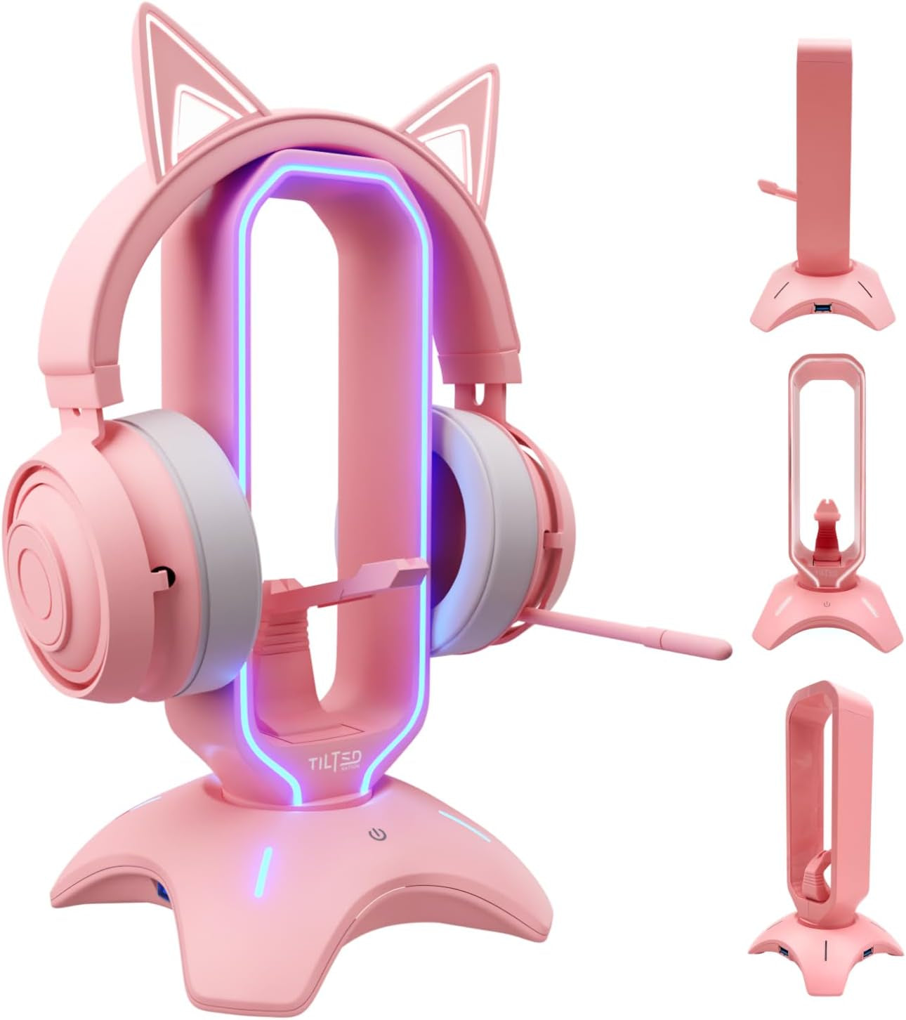 Cute Headphone Stand Pink | Headset Stand with RGB, Mouse Bungee Holder, and 2 Port USB Hub Charger - Desk Gaming Accessories