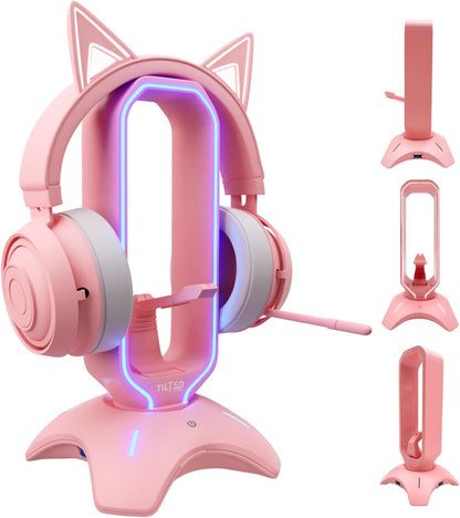 Cute Headphone Stand Pink | Headset Stand with RGB, Mouse Bungee Holder, and 2 Port USB Hub Charger - Desk Gaming Accessories