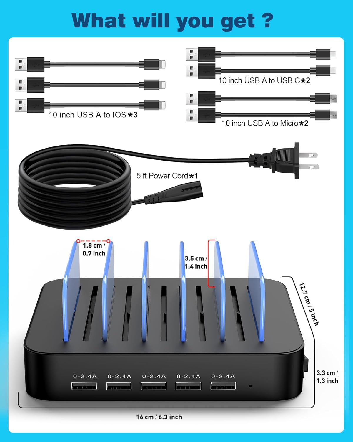 Charging Station for Multiple Devices : 5 Port Multi USB-A Charger Stations Multi-Device Organizer Charging Dock Designed for Iphone Ipad Cell Phone Tablets (7 Short Cables Included), Black