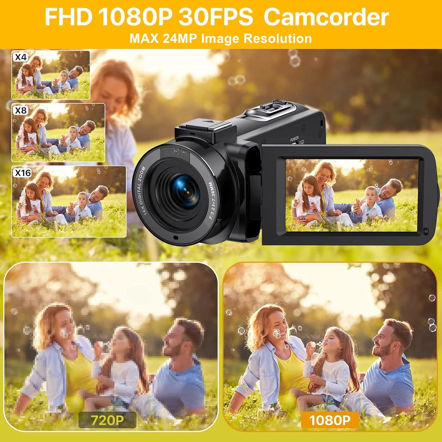 Video Camera Camcorder for Youtube Digital Camera Recorder FHD 1080P 24.0MP 16X Digital Camcorder with Mic and 2 Batteries