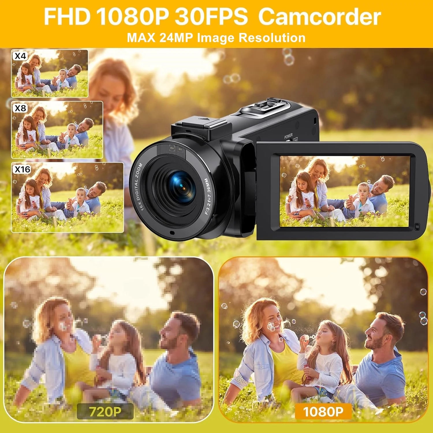 Video Camera Camcorder for Youtube Digital Camera Recorder FHD 1080P 24.0MP 16X Digital Camcorder with Mic and 2 Batteries