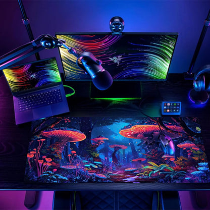 Fantasy Mushroom Mouse Pad, Blacklight Gaming Forest Waterproof Extended Large Desk Pad UV Long Computer Keyboard Big Mouse Mat with 3Mm Non-Slip Rubber Base for Office Home - 31.5" X 11.8"