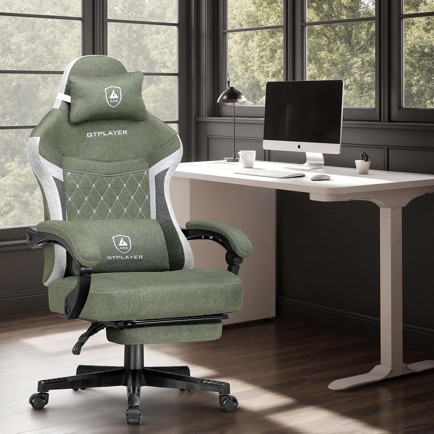 Gaming Chair, Fabric Computer Office Chair with Pocket Spring Cushion, Ergonomic Office and Gaming, Video Gaming Chair with Linkage Armrests, High Back Desk Chair with Adjustable Recliner