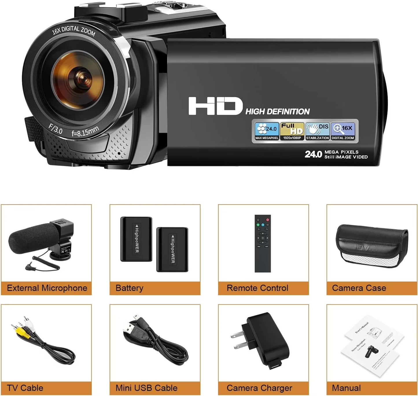 Video Camera Camcorder for Youtube Digital Camera Recorder FHD 1080P 24.0MP 16X Digital Camcorder with Mic and 2 Batteries