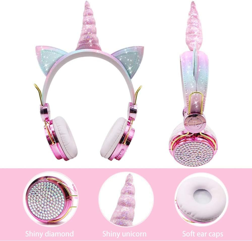 Sparkly Unicorn Kids Bluetooth Headphones, 85Db Volume Limit | Wireless Headset with Mic, 3.5Mm Wired Mode, Adjustable Headband, Fast Charging, Foldable Design for School, Tablet, Travel