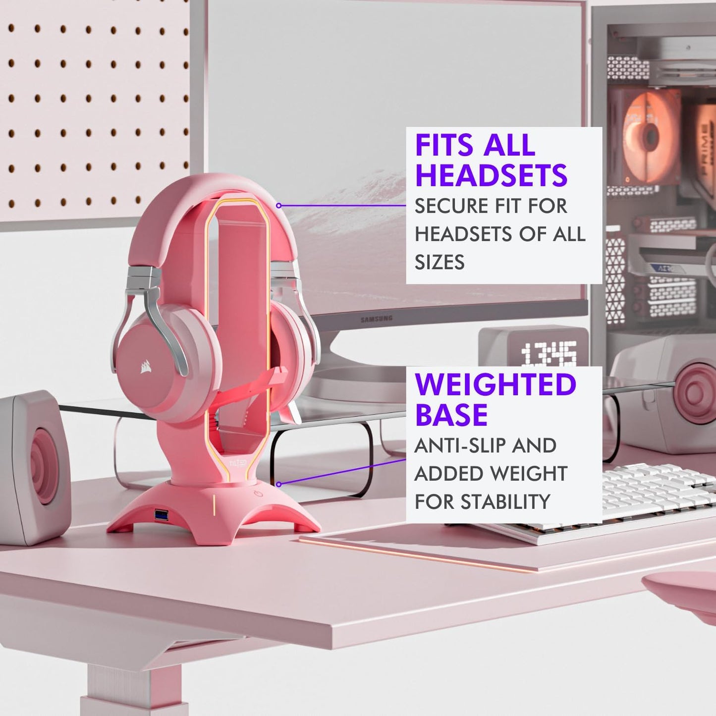 Cute Headphone Stand Pink | Headset Stand with RGB, Mouse Bungee Holder, and 2 Port USB Hub Charger - Desk Gaming Accessories