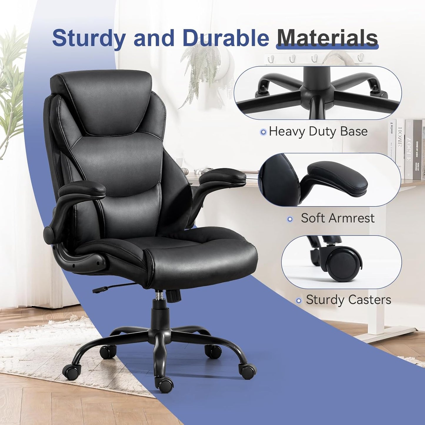 Big and Tall Office Chairs 400LBS Heavy Duty High Back Leather | Comfortable Desk Chair with Flip-Up Arms, Swivel Rolling Computer Chair for Heavy People, Black