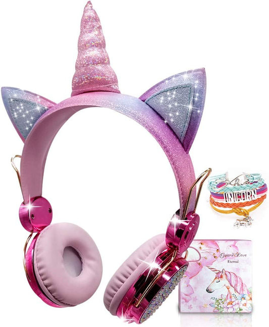 Sparkly Unicorn Kids Bluetooth Headphones, 85Db Volume Limit | Wireless Headset with Mic, 3.5Mm Wired Mode, Adjustable Headband, Fast Charging, Foldable Design for School, Tablet, Travel