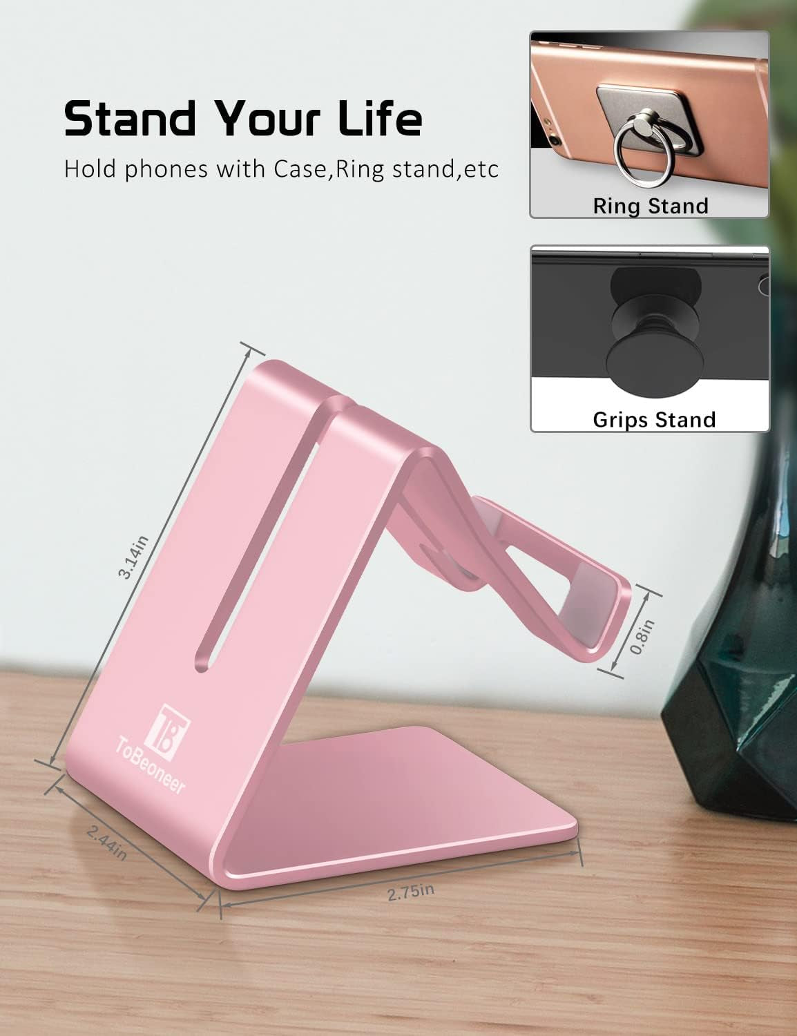 Phone Stand, Aluminum Phone Holder for Iphone 17 16 15 14 13 12 11 X 8 7 6 plus 5, Samsung, Suitable for All Smartphones, Adding a Touch of Style to Your Office Decor, Rose Gold