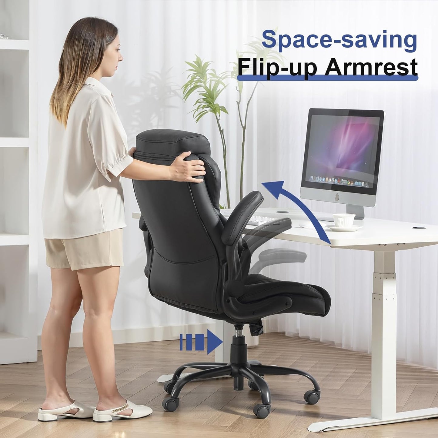 Big and Tall Office Chairs 400LBS Heavy Duty High Back Leather | Comfortable Desk Chair with Flip-Up Arms, Swivel Rolling Computer Chair for Heavy People, Black