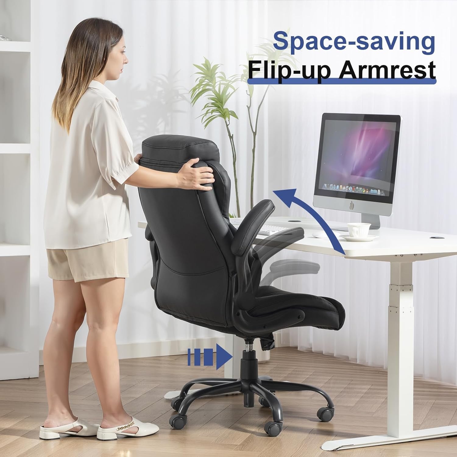 Big and Tall Office Chairs 400LBS Heavy Duty High Back Leather | Comfortable Desk Chair with Flip-Up Arms, Swivel Rolling Computer Chair for Heavy People, Black