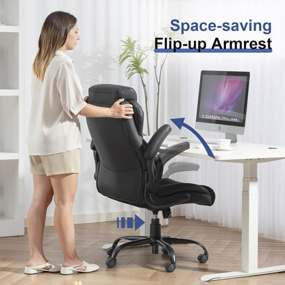 Big and Tall Office Chairs 400LBS Heavy Duty High Back Leather | Comfortable Desk Chair with Flip-Up Arms, Swivel Rolling Computer Chair for Heavy People, Black