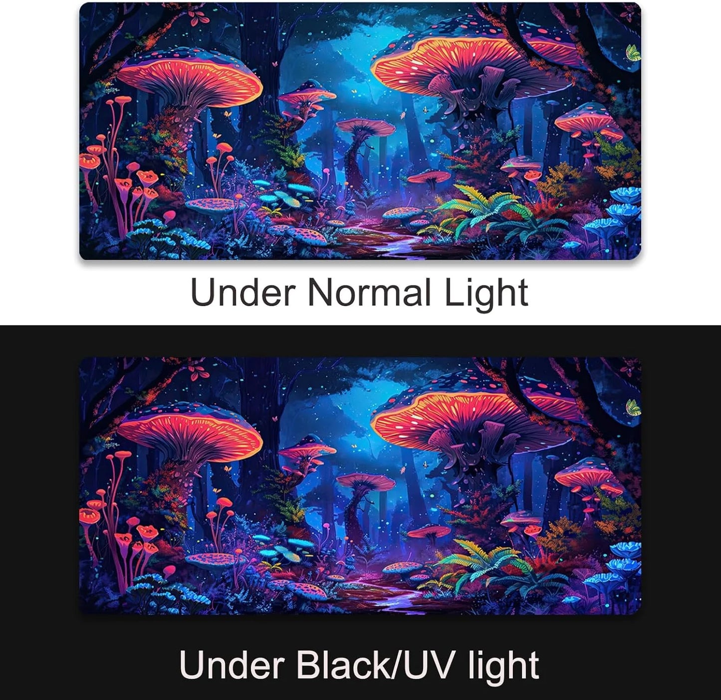 Fantasy Mushroom Mouse Pad, Blacklight Gaming Forest Waterproof Extended Large Desk Pad UV Long Computer Keyboard Big Mouse Mat with 3Mm Non-Slip Rubber Base for Office Home - 31.5" X 11.8"