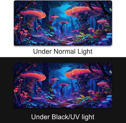 Fantasy Mushroom Mouse Pad, Blacklight Gaming Forest Waterproof Extended Large Desk Pad UV Long Computer Keyboard Big Mouse Mat with 3Mm Non-Slip Rubber Base for Office Home - 31.5" X 11.8"
