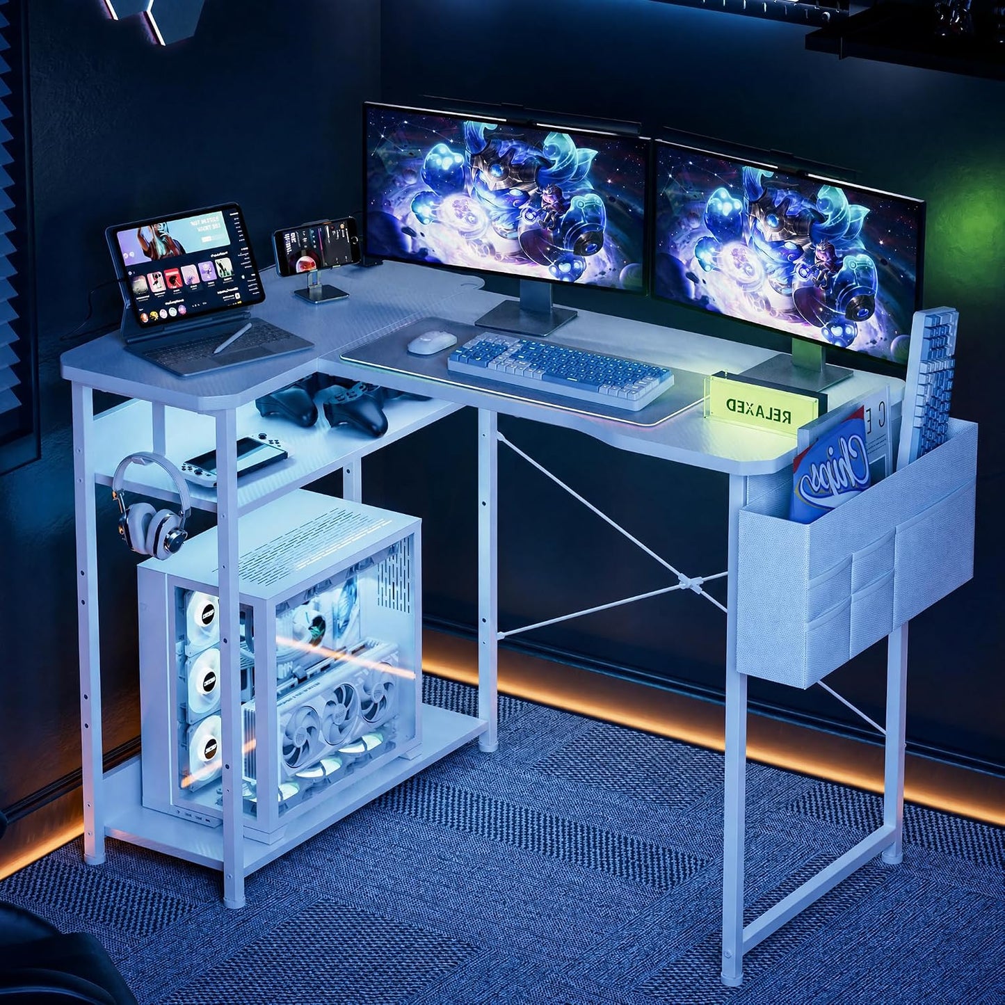 L Shaped Gaming Desk 48 Inch - Computer Corner Desk with Power Outlets, Reversible Shelves & Storage Bag for Home Office, PC Gaming Table, White Carbon