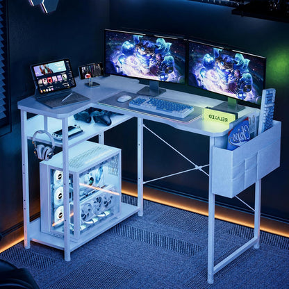 L Shaped Gaming Desk 48 Inch - Computer Corner Desk with Power Outlets, Reversible Shelves & Storage Bag for Home Office, PC Gaming Table, White Carbon