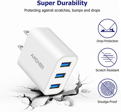 USB Wall Charger,  2Pack 15W 3-Port USB Charger Block Iphone Cube Charging Blocks for Iphone 14/13/12/11/X/XR/X/8/7/6, Galaxy, Android Phones and More | Fits Iphone 16/15/14/13/12/11/X/8, Galaxy, Android&Ipad Smart IC Fast Charge, 3 USB Ports for Home, Office & Travel