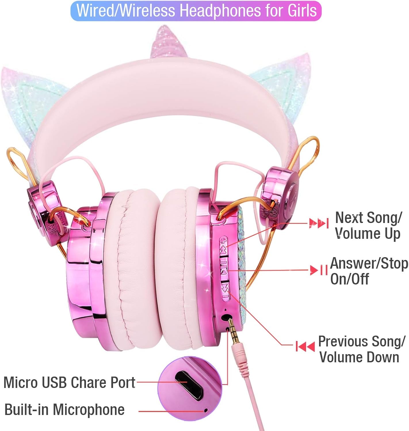 Sparkly Unicorn Kids Bluetooth Headphones, 85Db Volume Limit | Wireless Headset with Mic, 3.5Mm Wired Mode, Adjustable Headband, Fast Charging, Foldable Design for School, Tablet, Travel