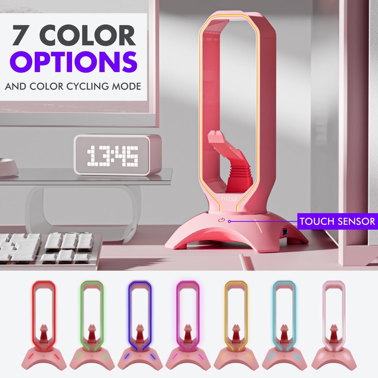 Cute Headphone Stand Pink | Headset Stand with RGB, Mouse Bungee Holder, and 2 Port USB Hub Charger - Desk Gaming Accessories