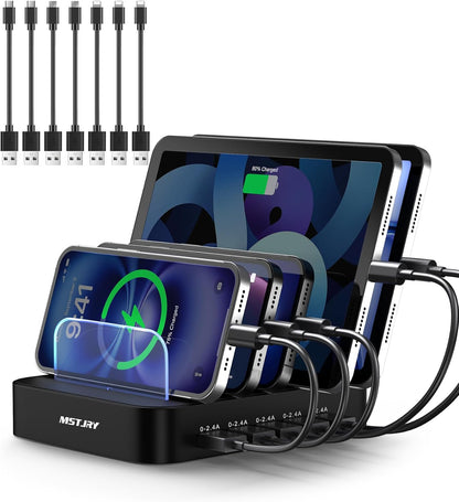 Charging Station for Multiple Devices : 5 Port Multi USB-A Charger Stations Multi-Device Organizer Charging Dock Designed for Iphone Ipad Cell Phone Tablets (7 Short Cables Included), Black