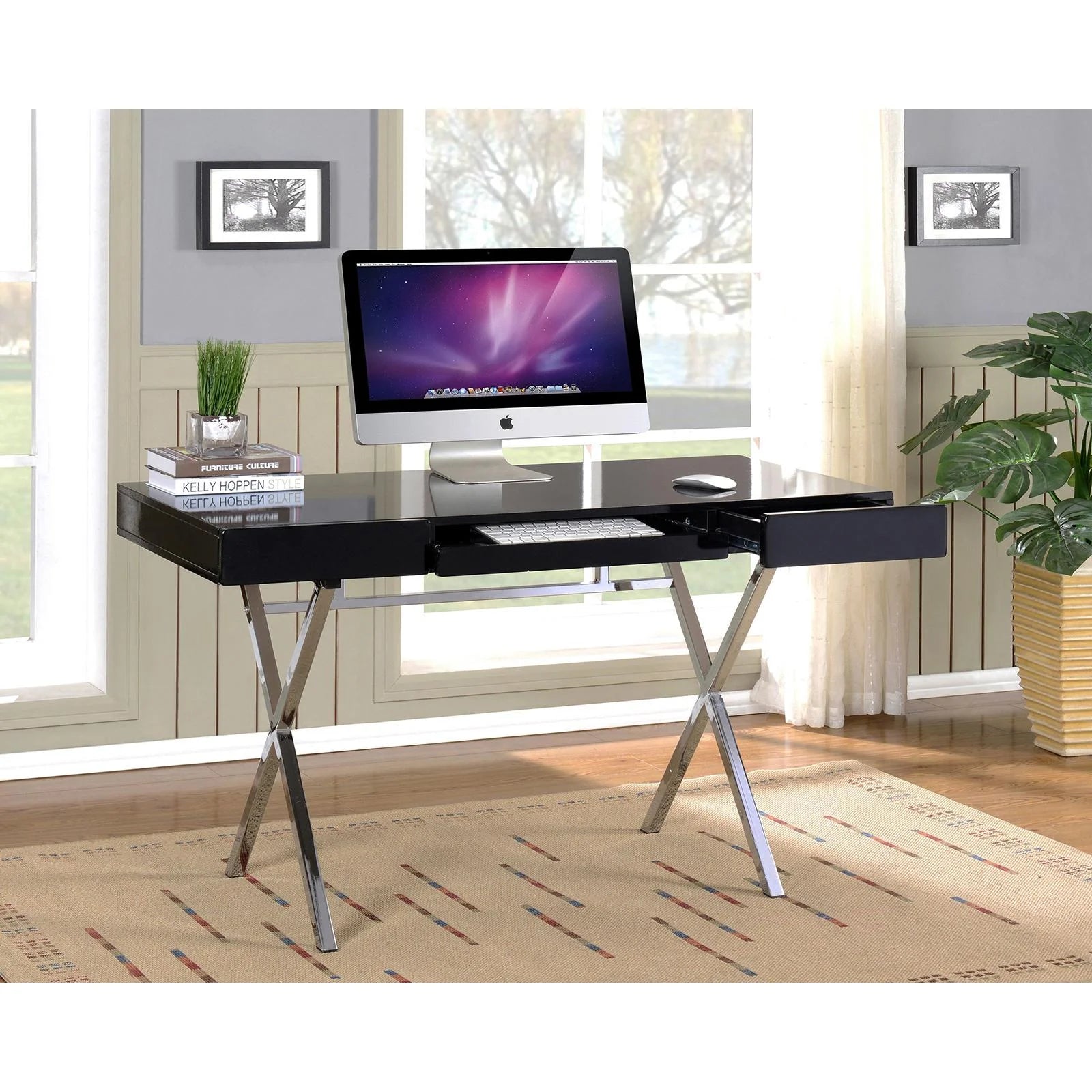 Computer X Desk Black Gloss Modern Rectangle