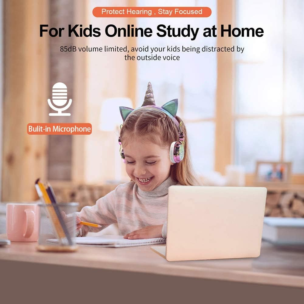 Sparkly Unicorn Kids Bluetooth Headphones, 85Db Volume Limit | Wireless Headset with Mic, 3.5Mm Wired Mode, Adjustable Headband, Fast Charging, Foldable Design for School, Tablet, Travel