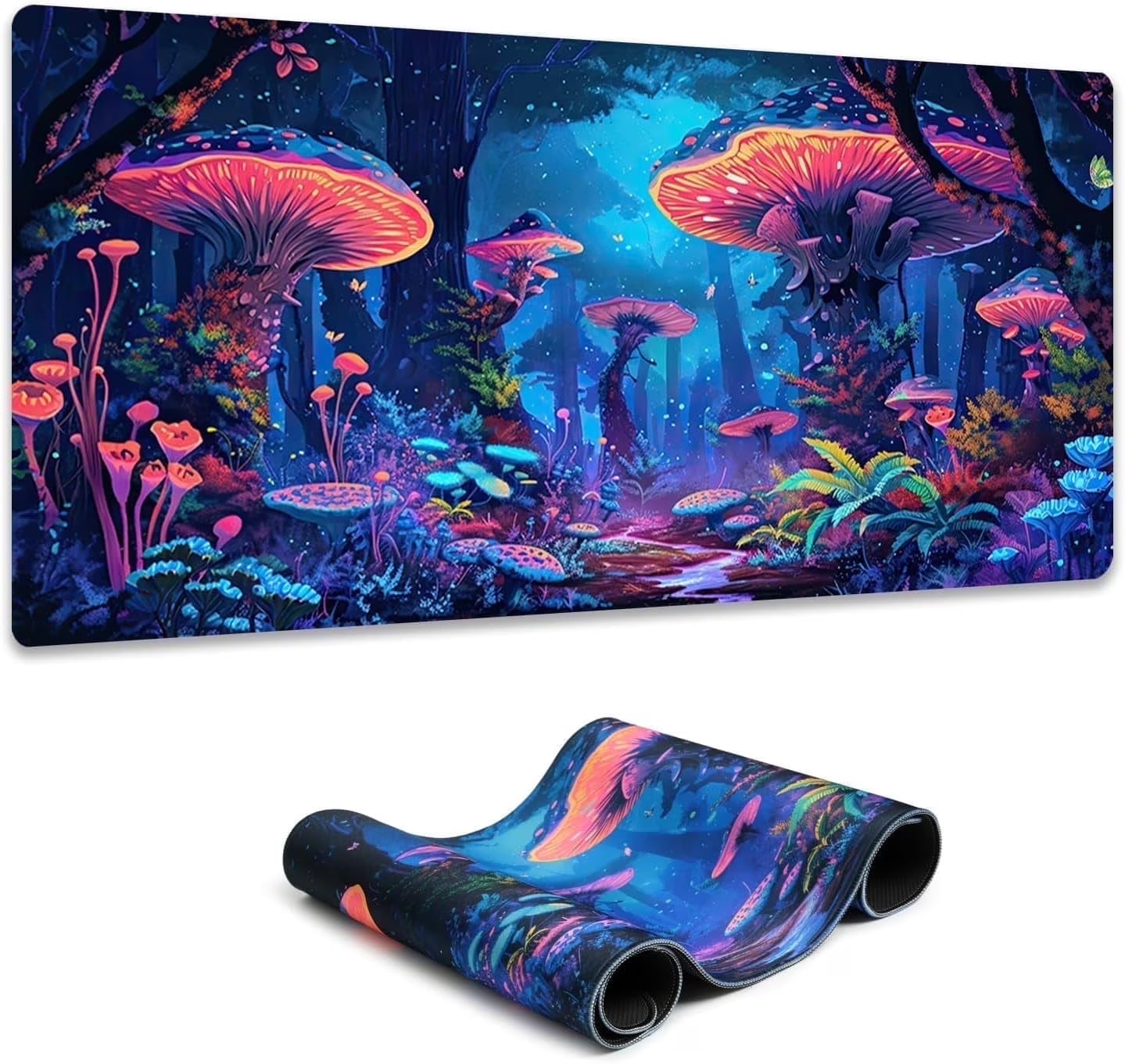 Fantasy Mushroom Mouse Pad, Blacklight Gaming Forest Waterproof Extended Large Desk Pad UV Long Computer Keyboard Big Mouse Mat with 3Mm Non-Slip Rubber Base for Office Home - 31.5" X 11.8"