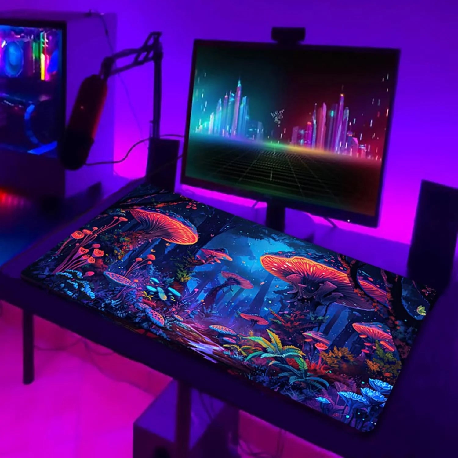 Fantasy Mushroom Mouse Pad, Blacklight Gaming Forest Waterproof Extended Large Desk Pad UV Long Computer Keyboard Big Mouse Mat with 3Mm Non-Slip Rubber Base for Office Home - 31.5" X 11.8"
