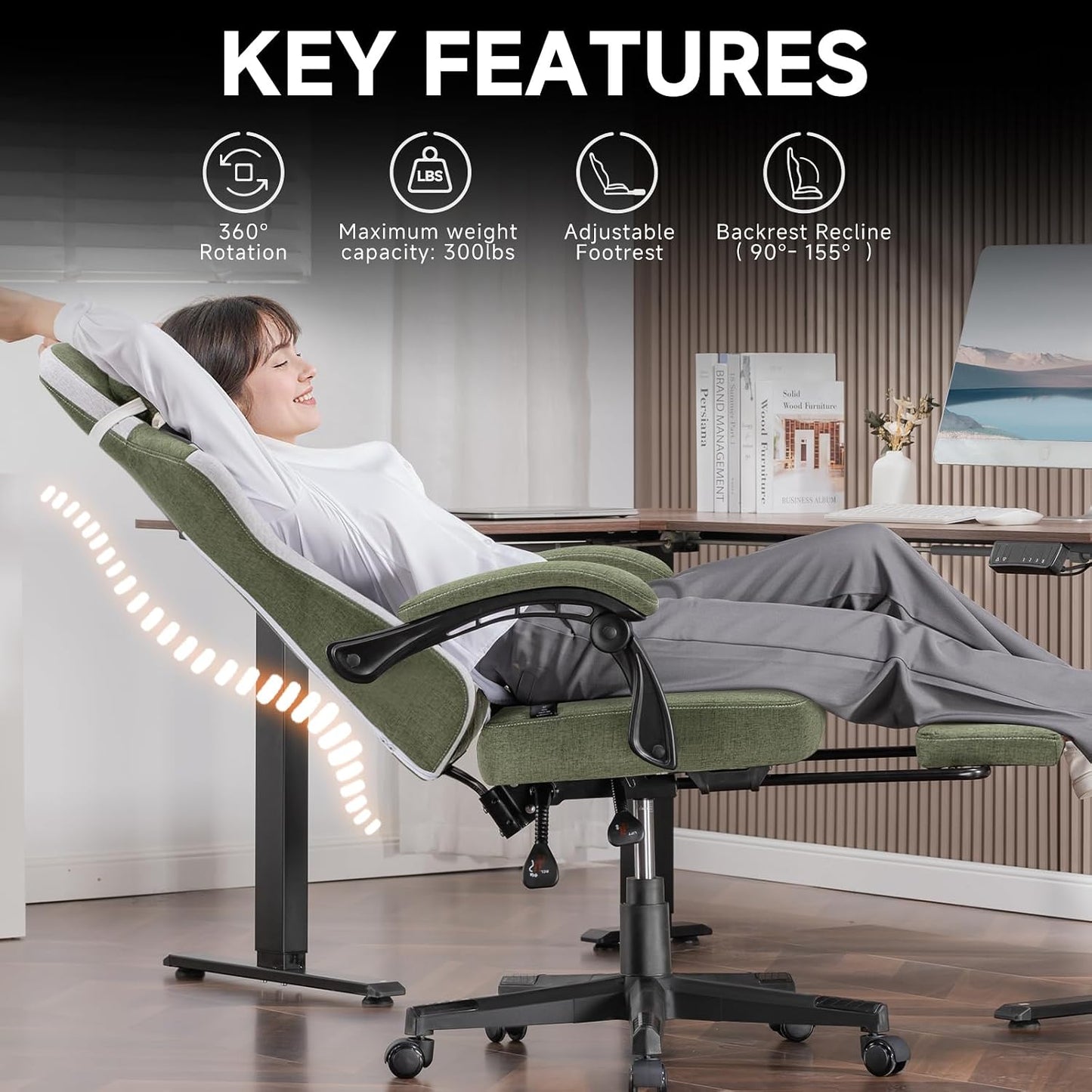 Gaming Chair, Fabric Computer Office Chair with Pocket Spring Cushion, Ergonomic Office and Gaming, Video Gaming Chair with Linkage Armrests, High Back Desk Chair with Adjustable Recliner